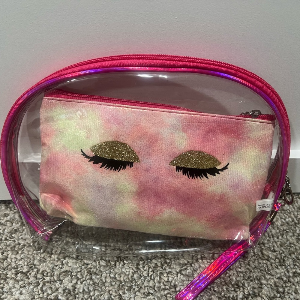 Pink Clear Makeup Bag Set Cosmetic Travel Pouch Glitter Eyes Design 2pc